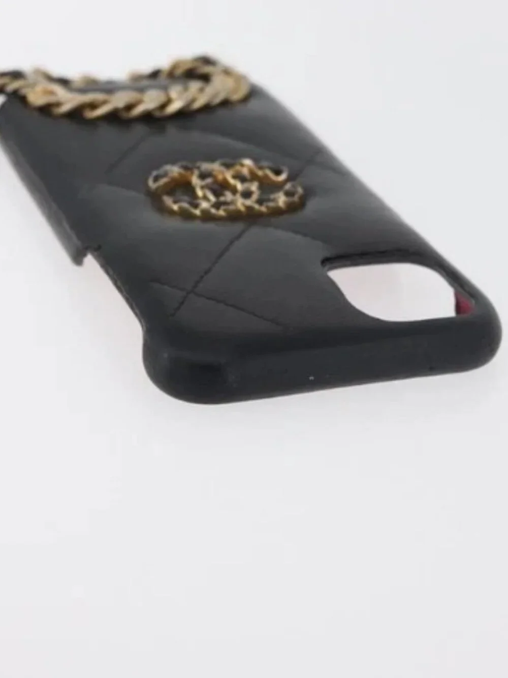 CHANEL Matelasse Chain iPhone Case Bag Lamb Skin Black Gold CC Auth BA12149A